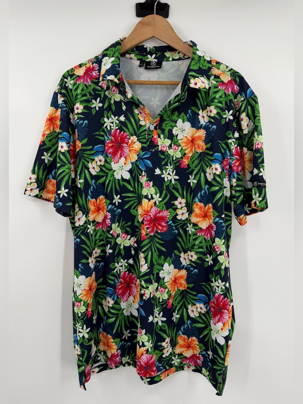 Tropical Hawaiian floral print golf polo shirt L performance resort vacation
